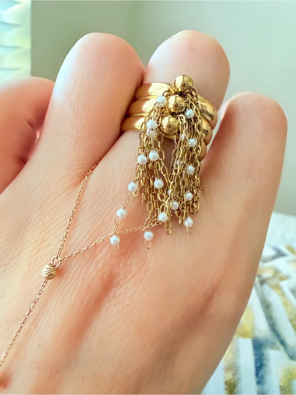 Gold-Tone Tassel Pearl Drop Ring - Women Jewelry